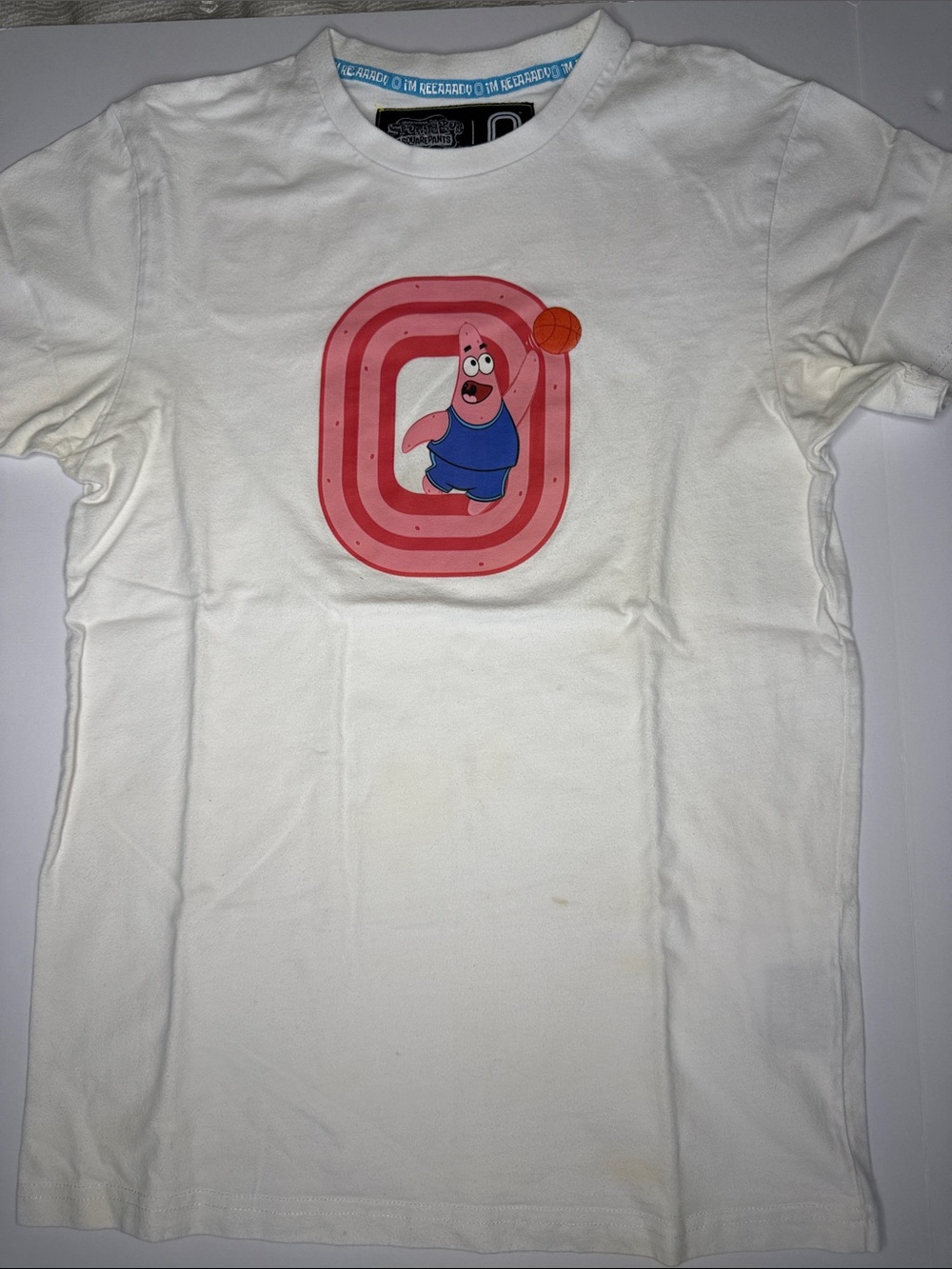 Men's overtime  White Graphic Tee with Pink Patrick Star Basketball Motif